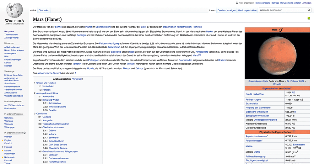 Wikipedia-Artikel vom Planeten Mars im alten UX-Design