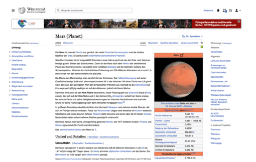 Wikipedia-Artikel vom Planeten Mars im neuen, reduzieren UX-Design