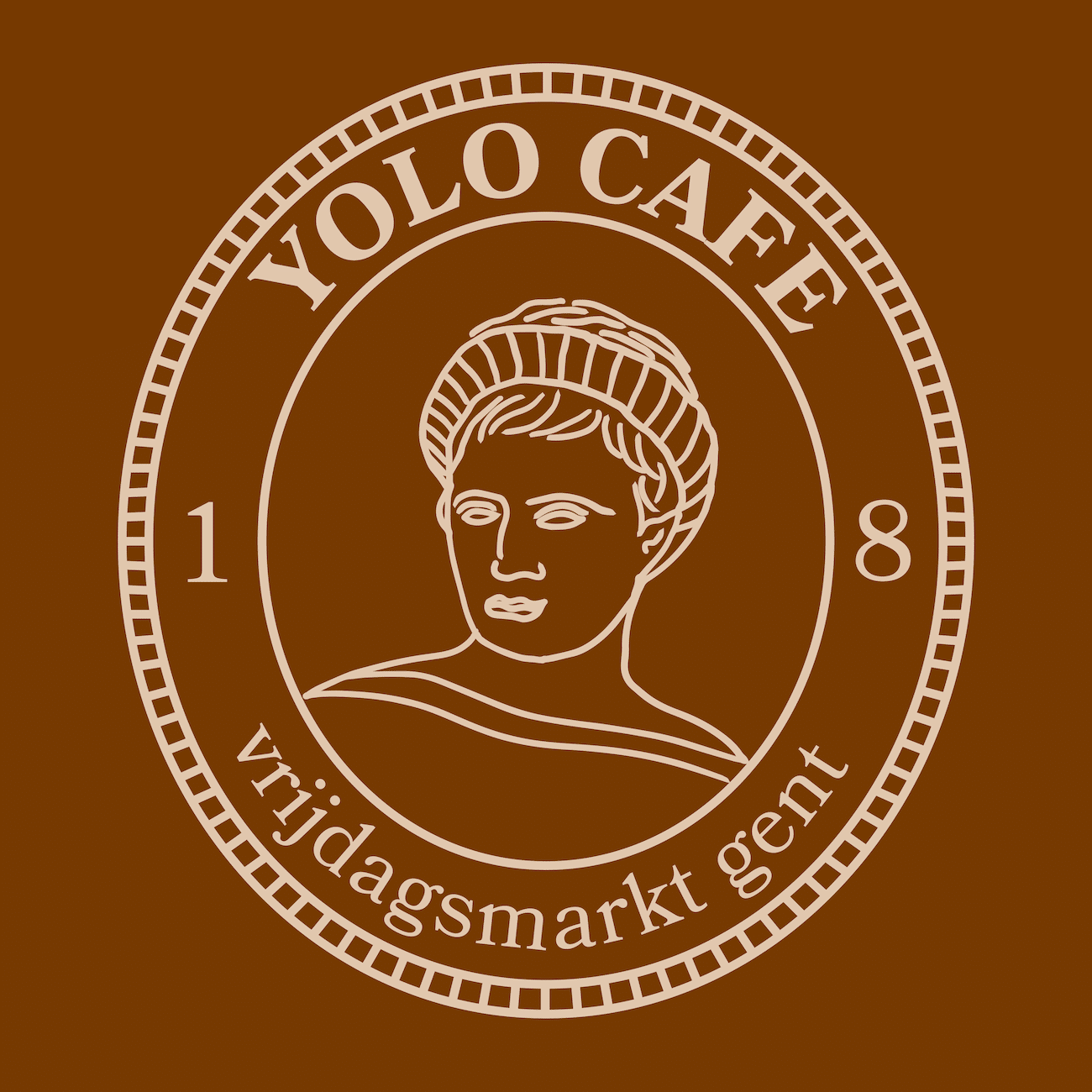 Yolo-Cafes Charakter-Design You im Münzstil, Sandfarbene Illustration auf Braun