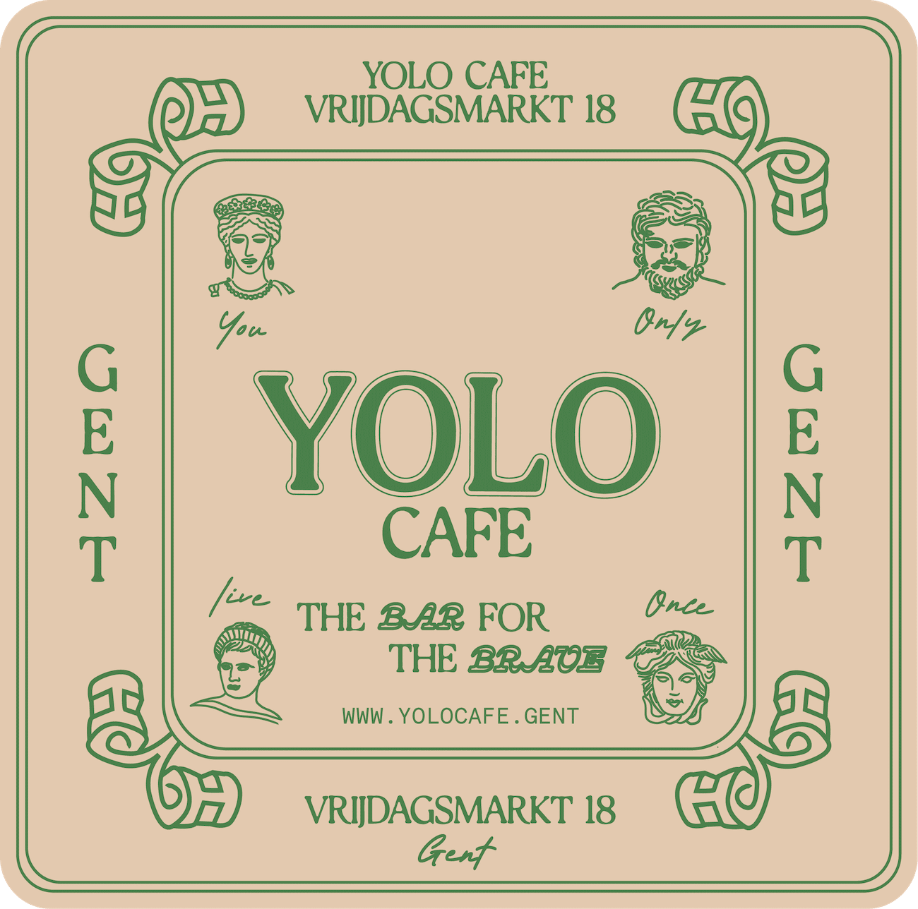 Yolo-Cafe Gent: Brand-Identity, Karten-Design, Grün auf Sand