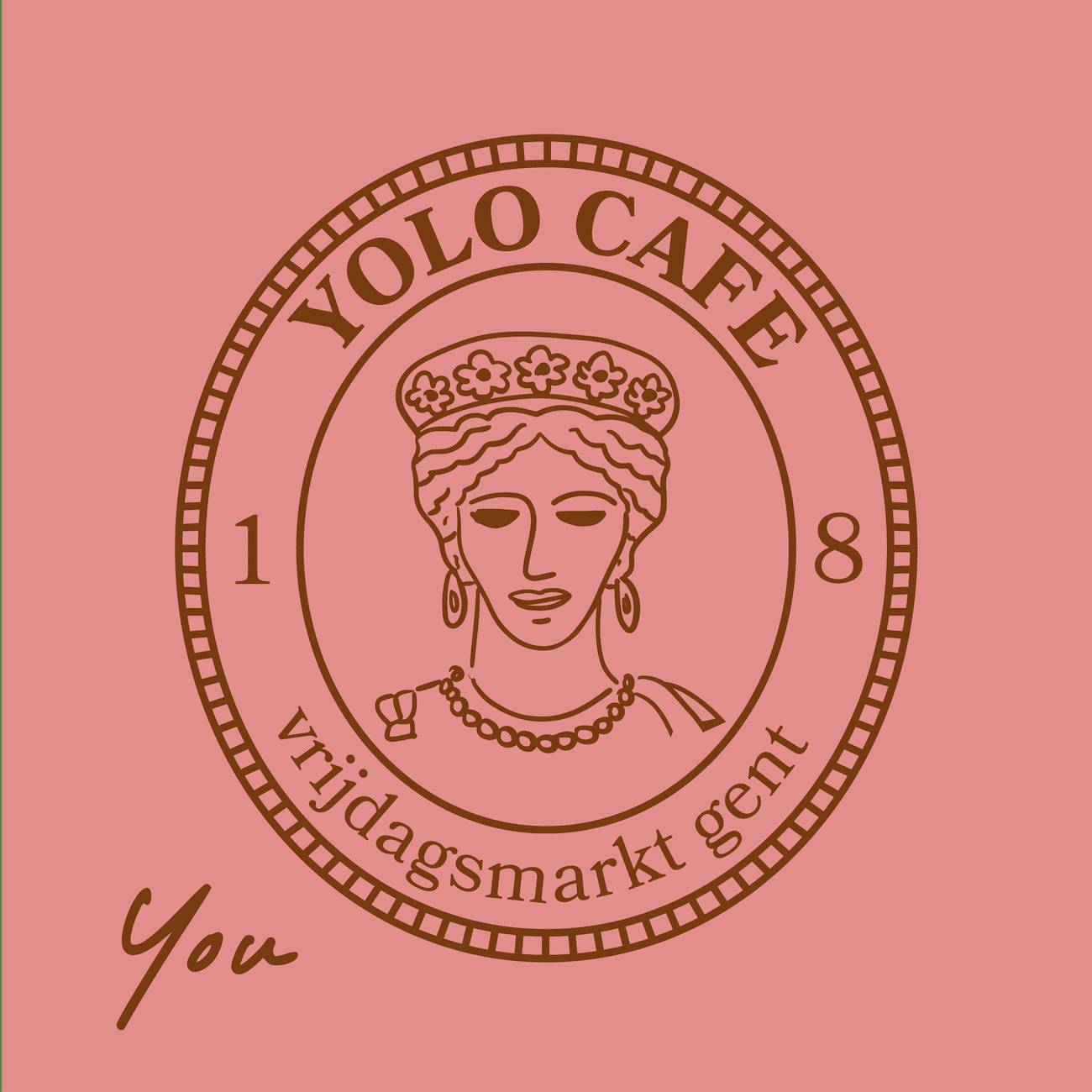 Yolo-Cafes Charakter-Design You im Münzstil, Braun auf Koralle