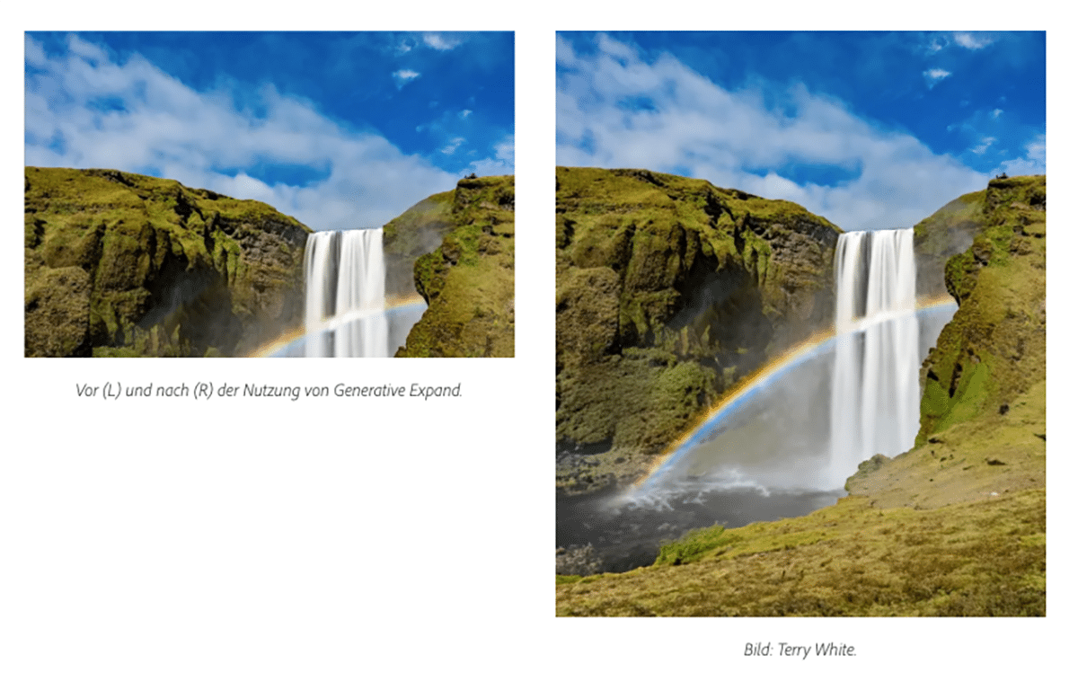 zwei Bilder eines Wasserfalls zeigen, wie das Bild von einem Quadrat zum Hochformat wird