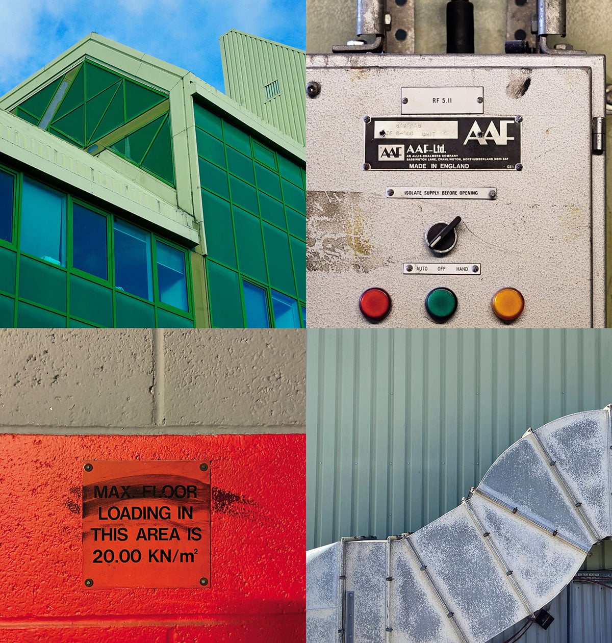 eine Collage aus vier Architekturfotos mit grafischen Elementen im Gebäude