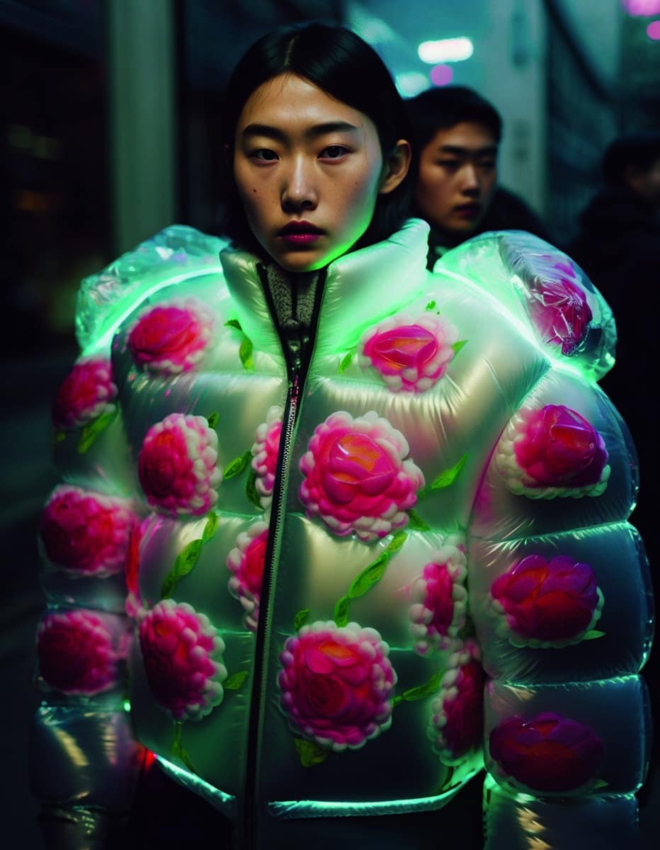 Ein KI generiertes bild einer Frau in einer durchsichtigen Jacke, die mit Blumen gefüllt ist