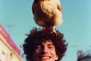 Ein KI generiertes Bild eines Mannes mit einem Huhn auf dem Kopf