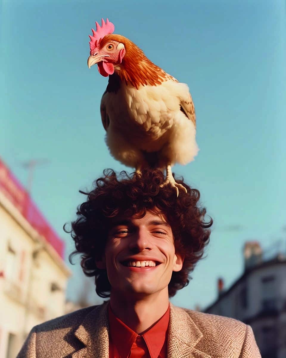 Ein KI generiertes Bild eines Mannes mit einem Huhn auf dem Kopf