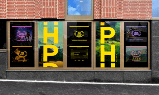 Hyde Park Picture House Identity-Umsetzung Außenwerbung, Posterdesign an Außenwand des Kinos