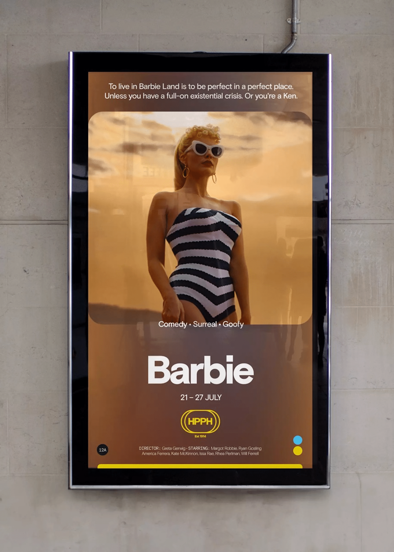 Hyde Park Picture House Identity-Umsetzung, Posterdesign zu Barbie auf Digital Screen im Kino