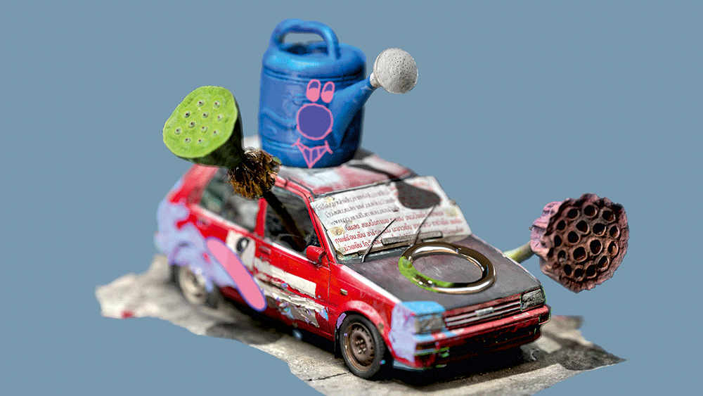3D Scan of a toy car and a watering can with face drawn by Jack Sachs