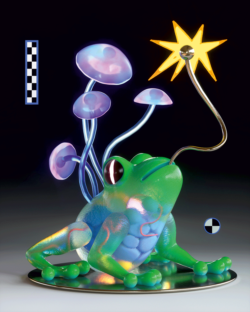 3D Sculpture of a frog with opaque shrooms and a golden tongue by Jack Sachs