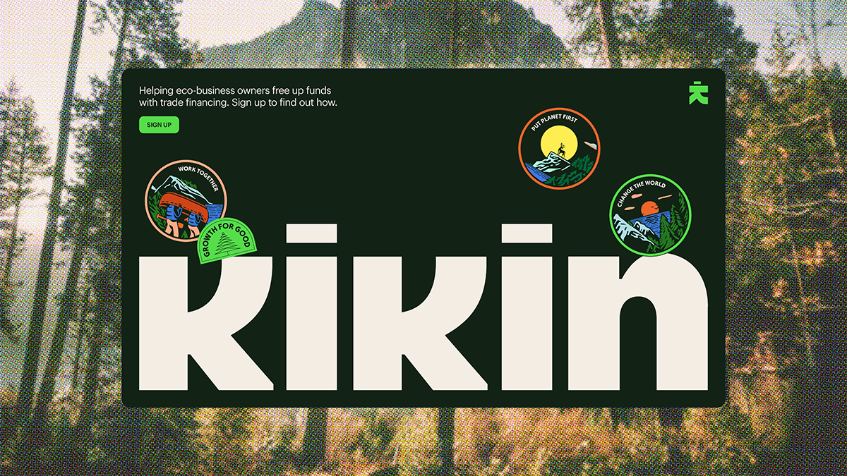 Die kikin website mit einem großen logoschriftzug und kleinen patches mit Naturillustrationen