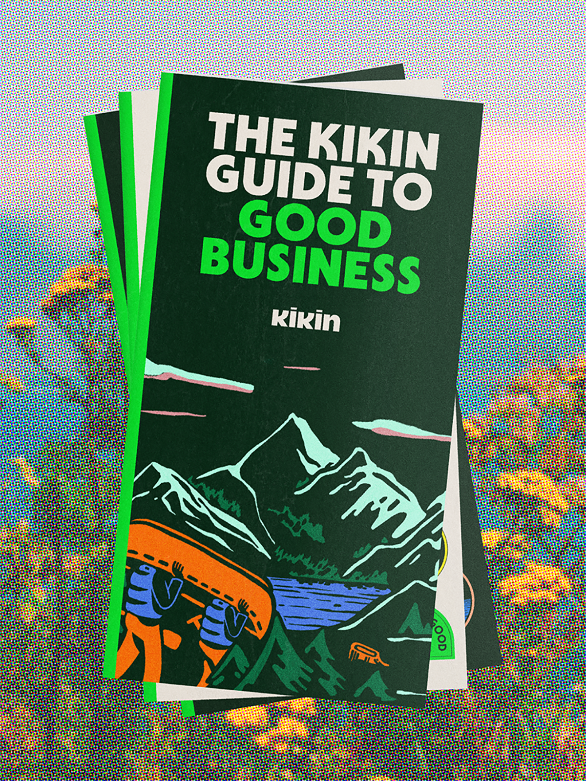 Eine Broschüre mit einem Gebirge darauf illustriert und einer headline »the kieken guide to good business«