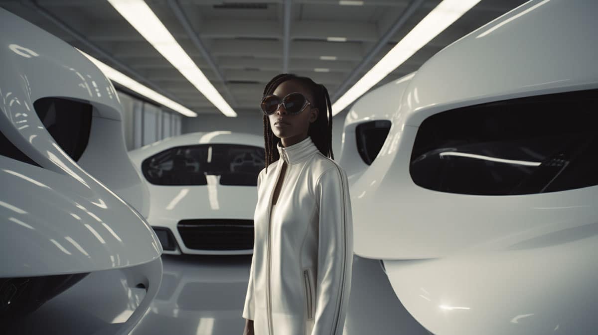 Ein KI generiertes Still einer weiß gekleideten Frau, die zwischen weißen Autos steht