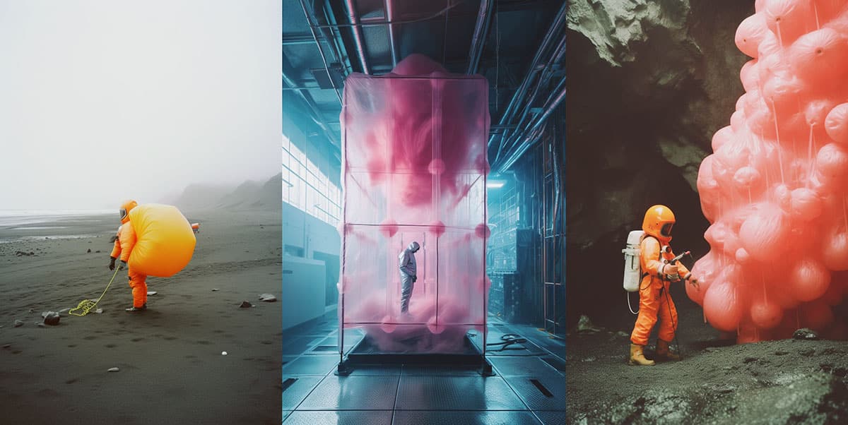 Drei Bilder aus einer visuellen Story, die erkunden soll, wie KI im Storytelling verwendet werden kann