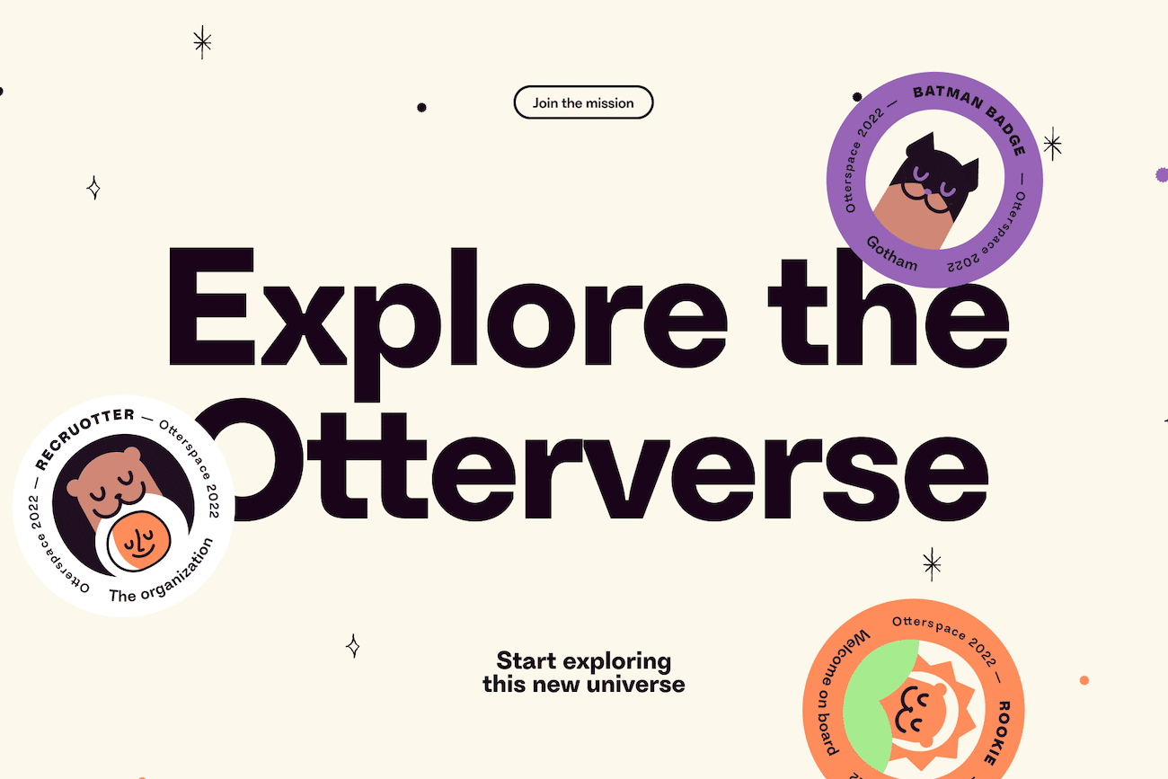 Otterspace-Landing-Design, Schriftzug Explore the Otterverse, Astronauten- und Otter-Illustrationen auf Badges