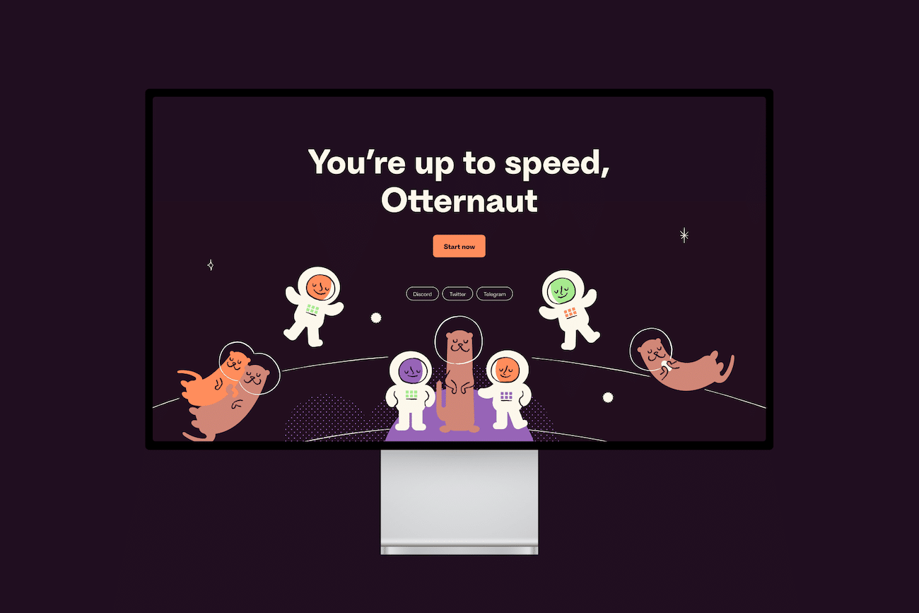 Otterspace-Landing-Design, Schriftzug You're up to speed, Otternaut, Astronauten- und Otter-Illustrationen