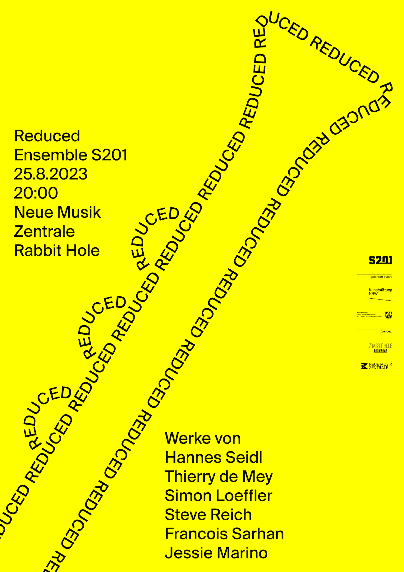 Reduced-Plakatdesign mit schwarzer Typografie (Klarinette?) auf Gelb vom Ensemble201 und Philip Jursch
