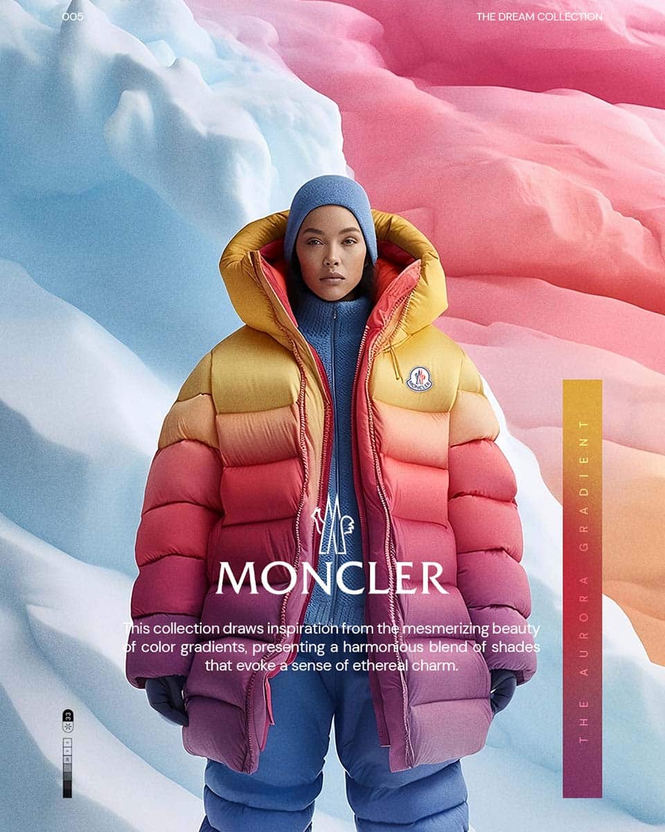 Eine Ki generierte Frau in einer regenbogenfarbenen Jacke mit einem Moncler Schriftzug darüber