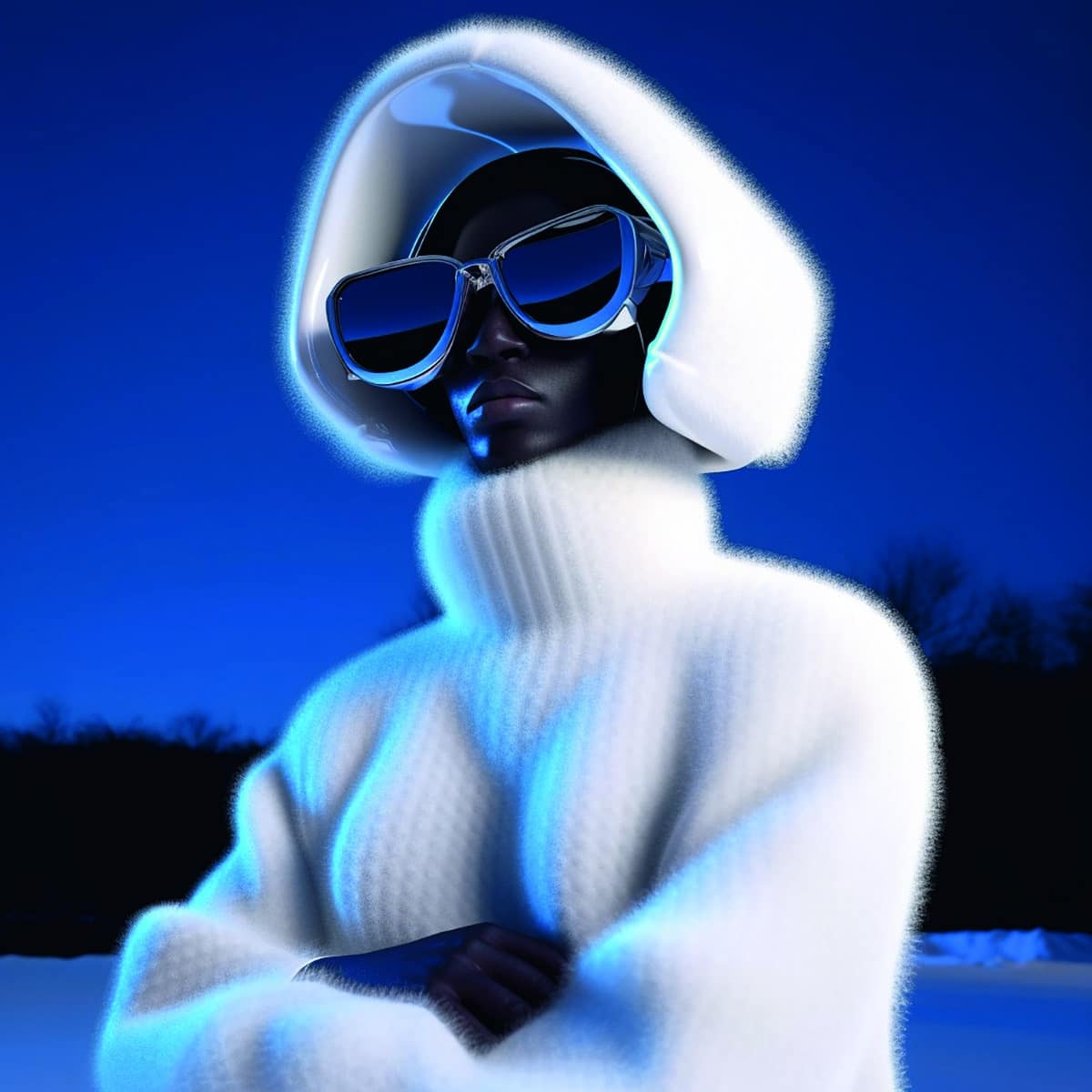 Ein Ki generiertes Bild von einem character in einer weißen flauschigen Jacke vor blauem Hintergrund