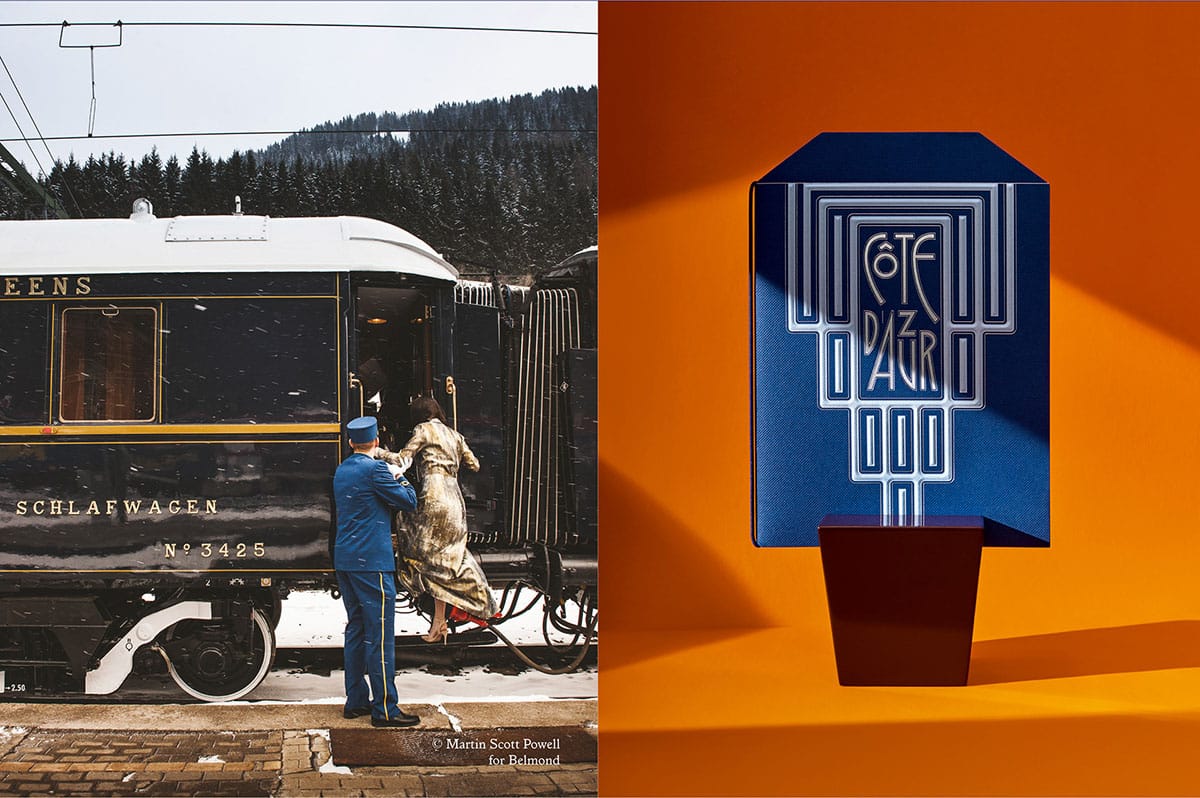 eine blaue Speisekartevor orangenem Grund neben einem foto eines Mannes, der einer elegant gekleideten Frau in den wagen hilft