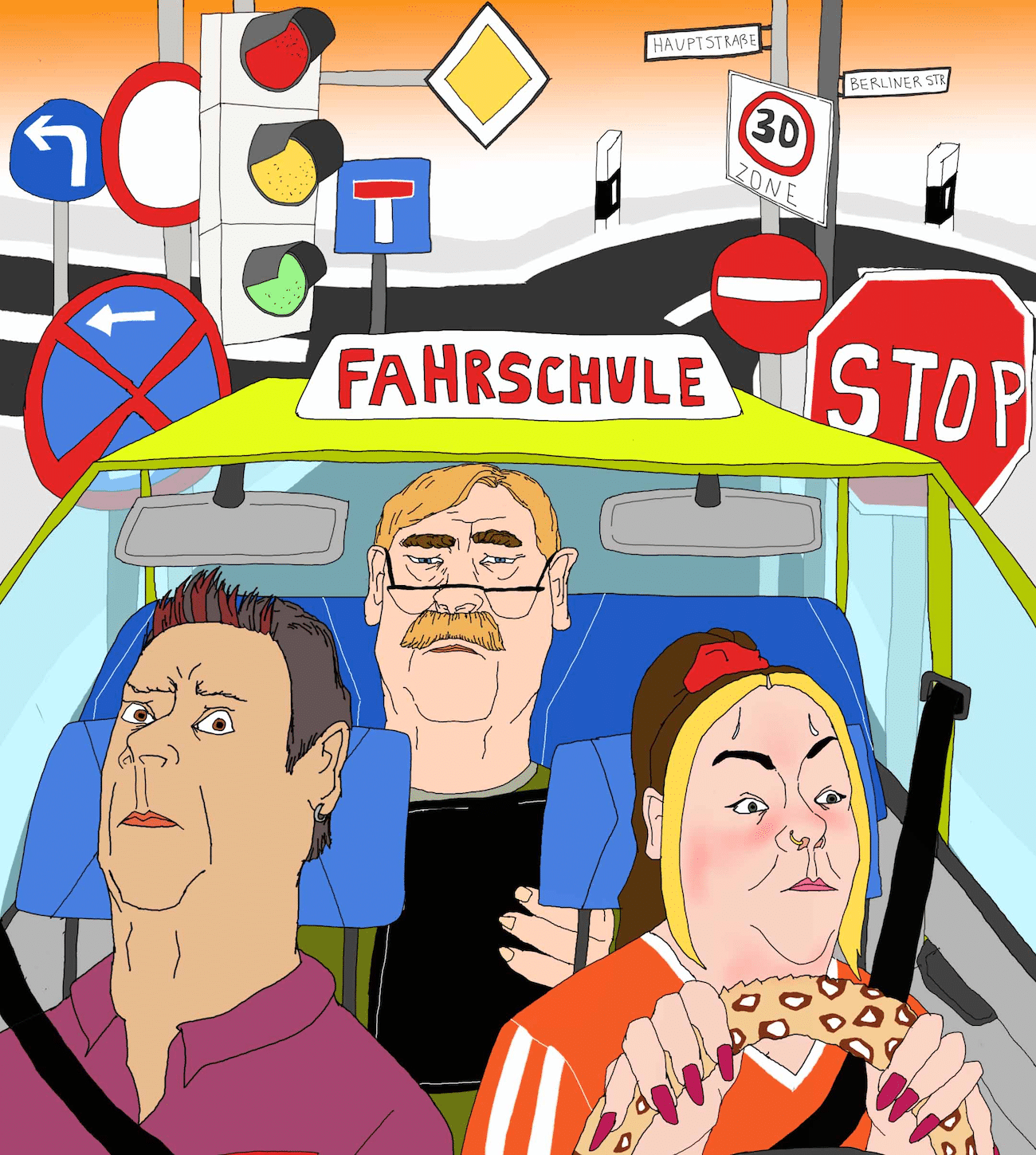 Illustration von johanna ploch zum Fahrschule-Artikel im zeit-magazin; drei Menschen im Fahrschulauto