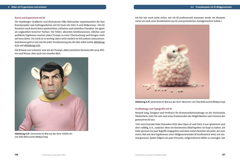 Doppelseite mit KI-generierten Bildern aus dem Ratgeber Content Creation mit KI