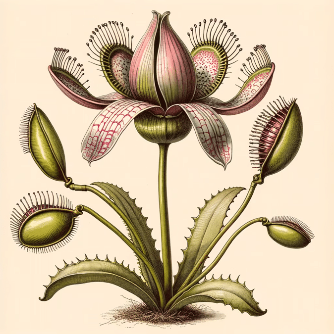 KI generiertes Bild zum Prompt:An antique botanical illustration drawn with fine lines and a touch of watercolour whimsy, depicting a strange lily crossed with a Venus flytrap, its petals poised as if ready to snap shut on any unsuspecting insects.