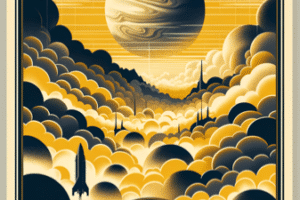 ki generiertes Bild: A vintage travel poster for Venus in portrait orientation. The scene portrays the thick, yellowish clouds of Venus with a silhouette of a vintage rocket ship approaching. Mysterious shapes hint at mountains and valleys below the clouds. The bottom text reads, 'Explore Venus: Beauty Behind the Mist'. The color scheme consists of golds, yellows, and soft oranges, evoking a sense of wonder.