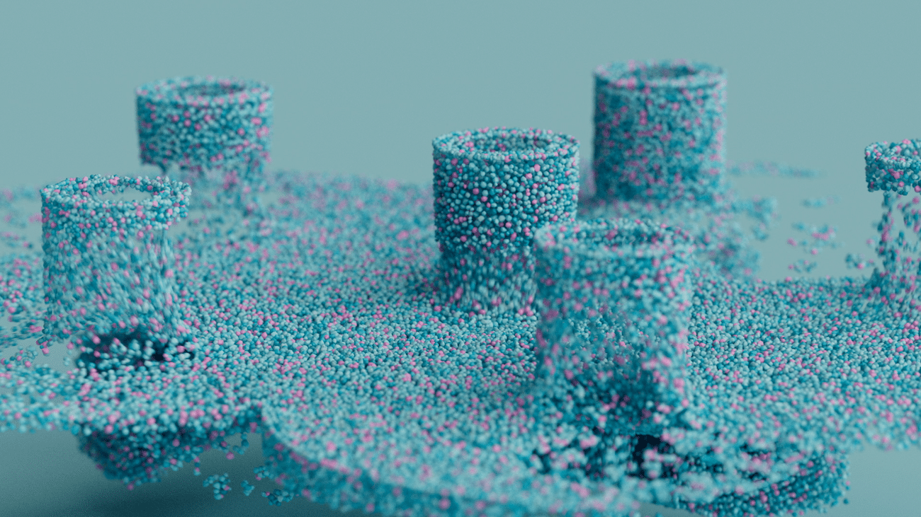Motion-Design-Still aus Lamy-safari-2023-Clip, blau-pinke Partikelformen