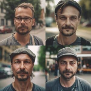 Die Fotos zu unseren anonymen Porträts erzeugt unsere Artdirektorin in Midjourney. Der Prompt lautete: close up portrait of a 36 years old male freelance graphic designer and illustrator, small town in East Germany, doesn’t need to discuss fair pay, photography