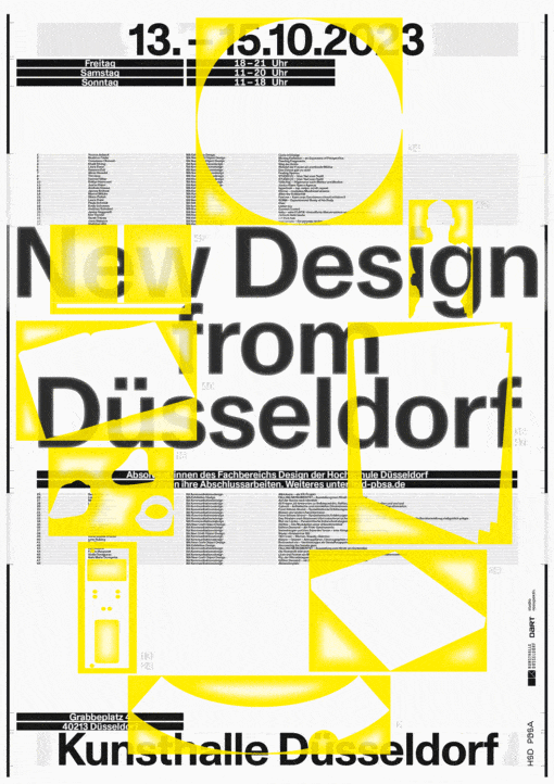 Animiertes Ausstellungsplakat zu »New Design from Düsseldorf« – Der Fachbereich Design der Hochschule Düsseldorf gastiert in den Räumlichkeiten der Kunsthalle Düsseldorf
