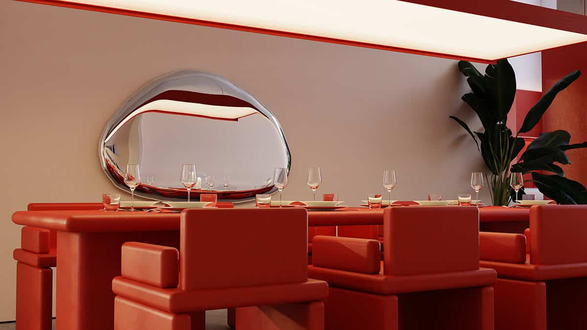 Interior Design mit roten Akzenten und einem organisch gern deren spiegel