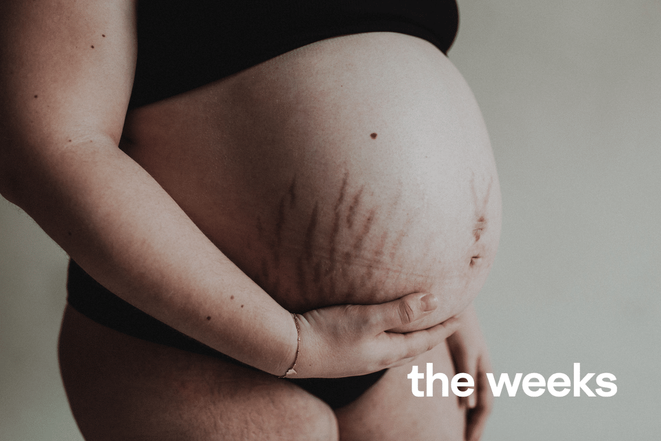 the weeks Plakatdesign und Fotokampagne, schwangeres Model mit Dehnungsstreifen am Bauch 