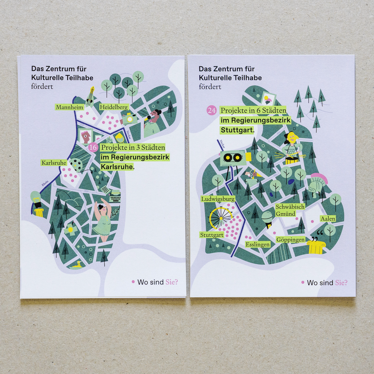 Postkartenset Förderlandschaft für das Zentrum für kulturelle Teilhabe BaWü von Illustratorin Elisabeth Deim