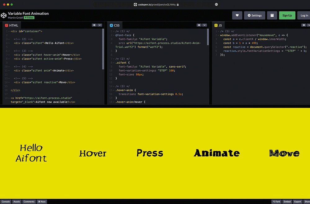 Variable Fonts animieren, Martin Grödl Designstudio Process, Beispiele bei CodePen