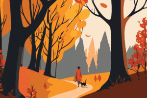 Eine Vektor-Herbstszene im Wald mit einer Frau im roten mantel und schwarzer Katze