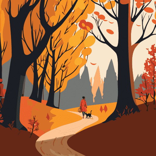 Eine Vektor-Herbstszene im Wald mit einer Frau im roten mantel und schwarzer Katze