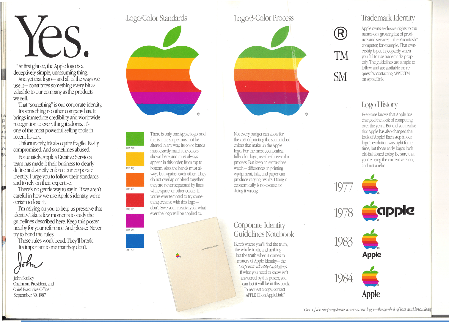 Ein ausschnitt aus dem historischen Apple Design manual der erklärt, wie das Logo eingesetzt werden darf