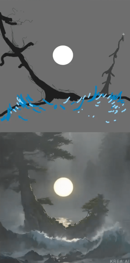 oben eine Zeichnung, die unten in das realistische bild eines Baumes im Mondlicht umgewandelt wurde