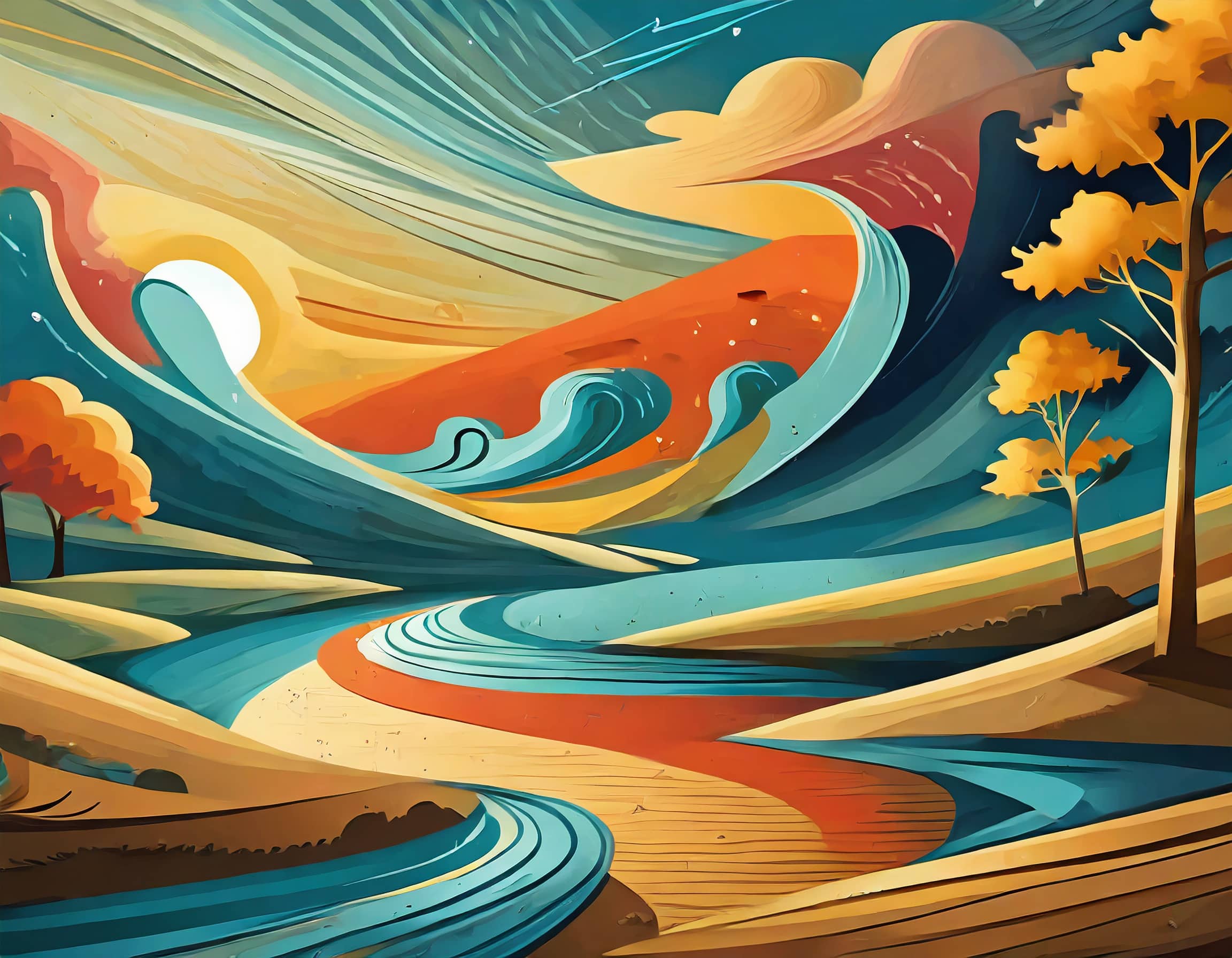 Stilisierte, lebendige Illustration einer Landschaft mit wirbelnden Flüssen, abstrakten Bäumen in Herbstfarben und einem dynamisch geschwungenen Himmel, der Tag und Nacht zu verschmelzen scheint.