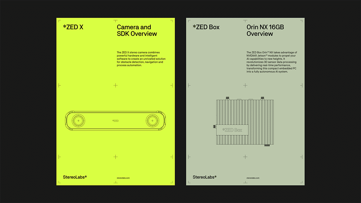 zwei Plakate nebeneinander, die verschiedene Produkte vorstellen. eines in hellem neon Gelbgrün, eines in hellem grau