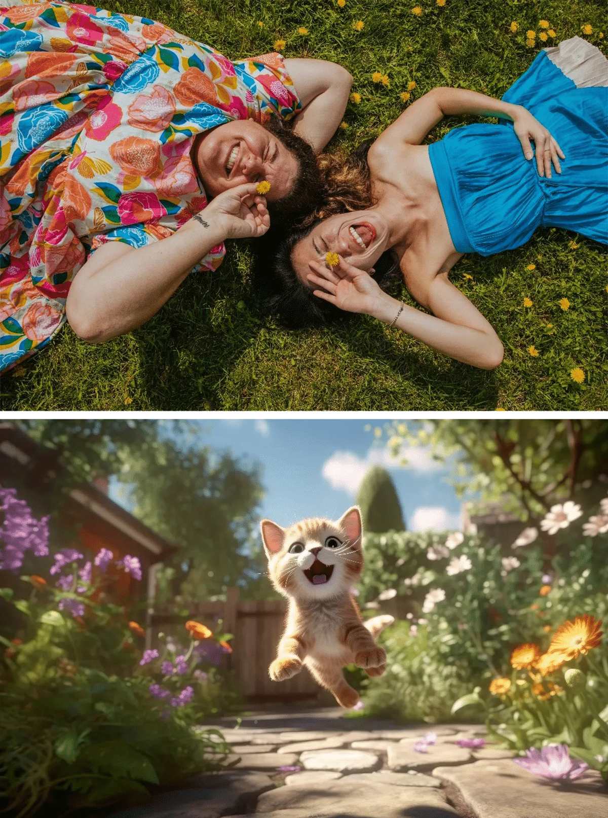 Oben: Zwei Personen lächeln und liegen entspannt auf einer Wiese, während sie Gänseblümchen über ihren Augen halten. Unten: Ein glückliches Kätzchen scheint durch einen farbenfrohen Garten zu springen.