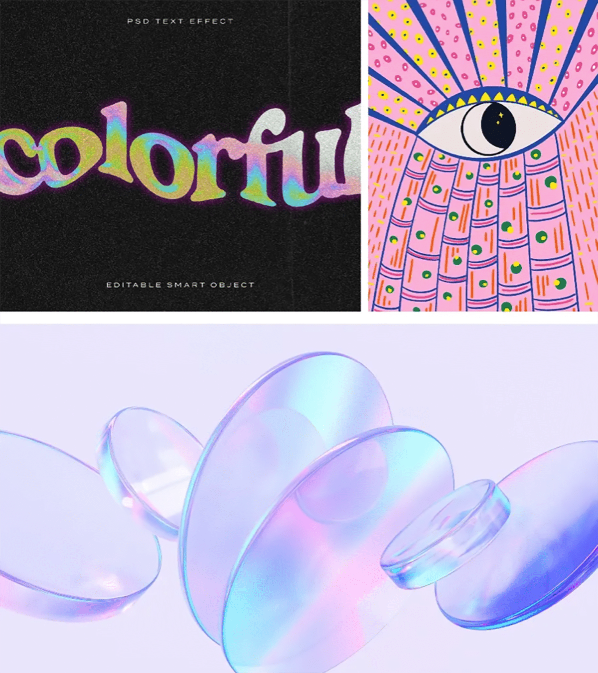 Oben: Grafik mit dem Wort 'colorful' in einem mehrfarbigen Texteffekt auf schwarzem Hintergrund neben einer Illustration eines Auges mit Strahlenmuster. Unten: Mehrere durchsichtige, schillernde Seifenblasen auf hellem Hintergrund.
