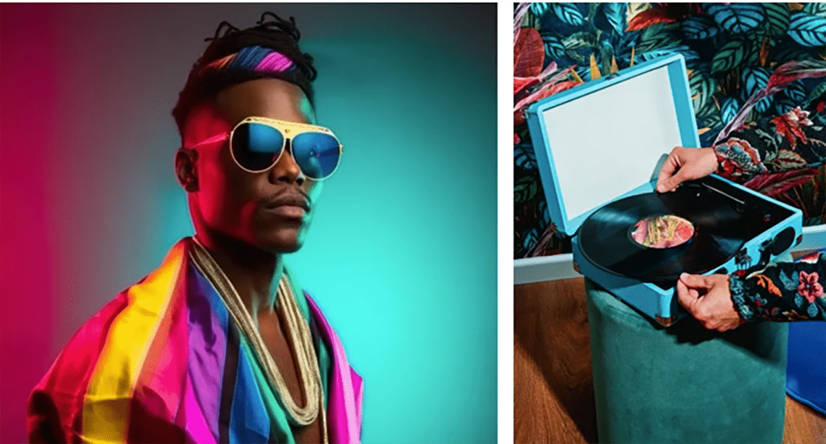 Links: Ein stilvolles Porträt eines Mannes mit Sonnenbrille und einem regenbogenfarbenen Schal vor einem mehrfarbigen Hintergrund. Rechts: Eine Person legt eine Vinylplatte auf einen tragbaren Plattenspieler neben einem Sessel mit einem blumenbedruckten Muster