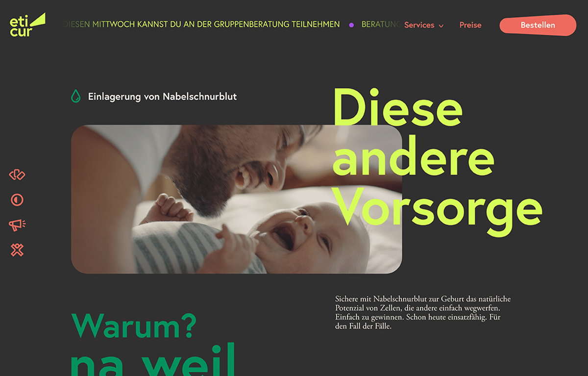Webseitendesign für eine Gesundheitsdienstleistung mit einem Bild eines Erwachsenen, der liebevoll mit einem lachenden Baby interagiert, neben großen, fetten Texten, die die Einlagerung von Nabelschnurblut bewerben."