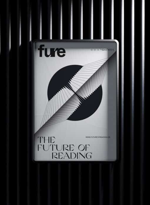 Minimalistisches Designplakat für 'fure 5' mit geometrischer Treppenillustration, die aus einem offenen Buch zu entstehen scheint, mit dem Text 'THE FUTURE OF READING Design Conference' in moderner Typografie.