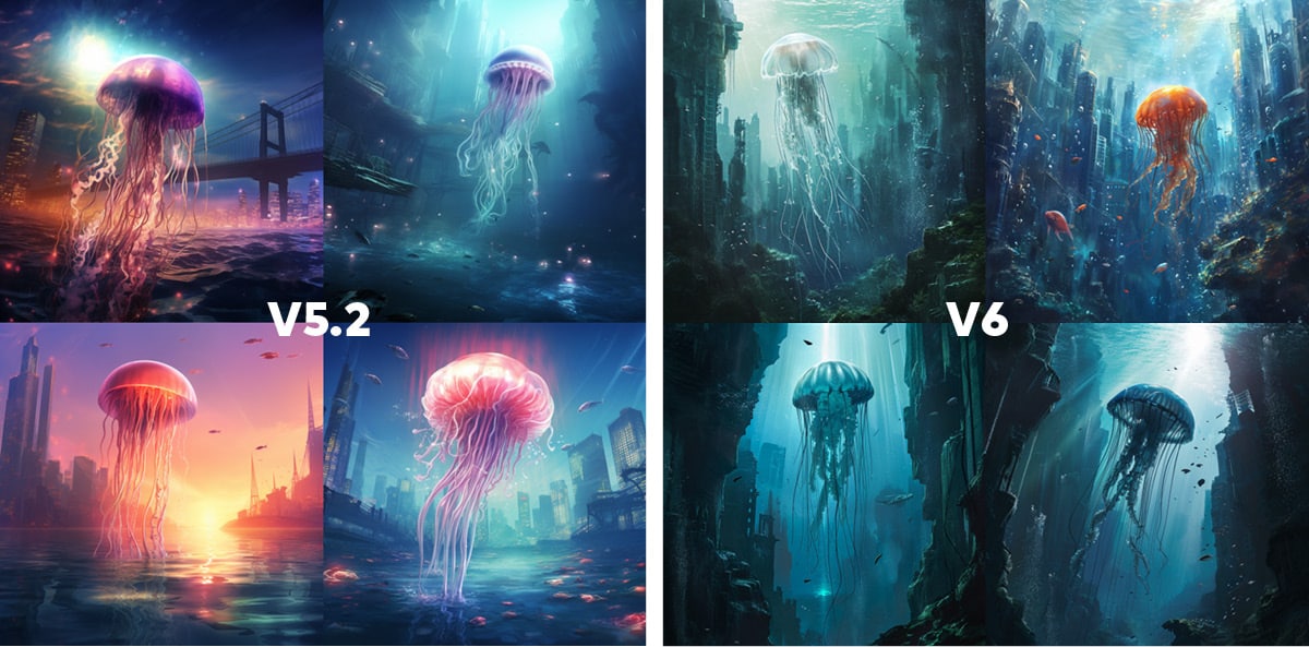 zwei sets aus je vier Bildern von Midjourney KI generiert. Alle Bilder zeigen eine Qualle in einer versunkenen Stadt Links in der version 5.2 sind die färben deutlich stilisierter, rechts ist die Bildkomposition klarer.