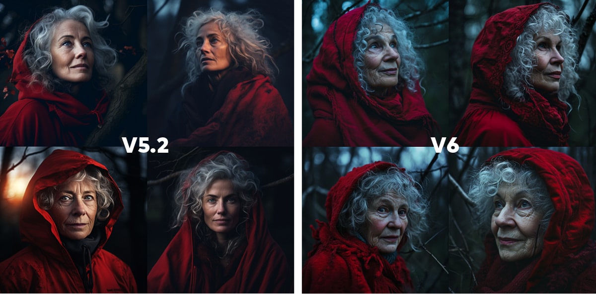 zwei sets aus je vier Bildern von Midjourney KI generiert.Alle Bilder zeigen eine ältere Frau im Wald mit einer roten Kapuze. links sind die Bilder wärmer beleuchtet und die Frau wirkt jünger. rechts schaut die Frau meistens nach oben rechts und wirkt älter und mysteriöser