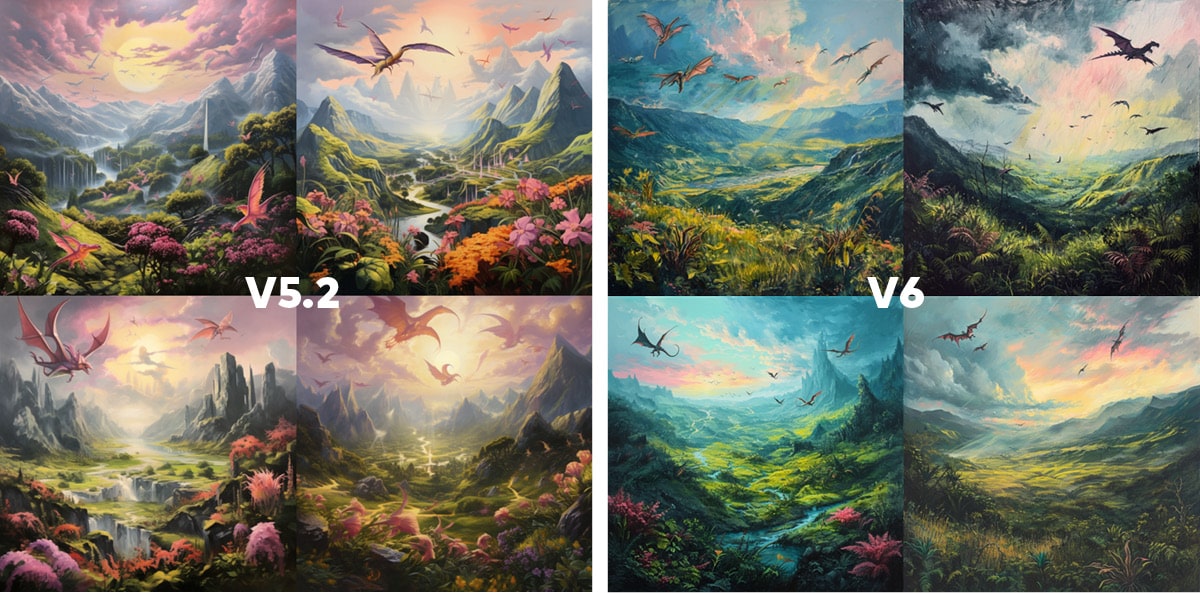 zwei sets aus je vier Bildern von Midjourney KI generiert. Alle Bilder zeigen eine fantasie-landschaft mit Drachen über grünen Hügeln. links haben die Bilder deutlich mehr Prosatöne und die Drachen sind kaum zu erkennen. rechts fliegen die Drachen im Hintergrund auf den Horizont zu