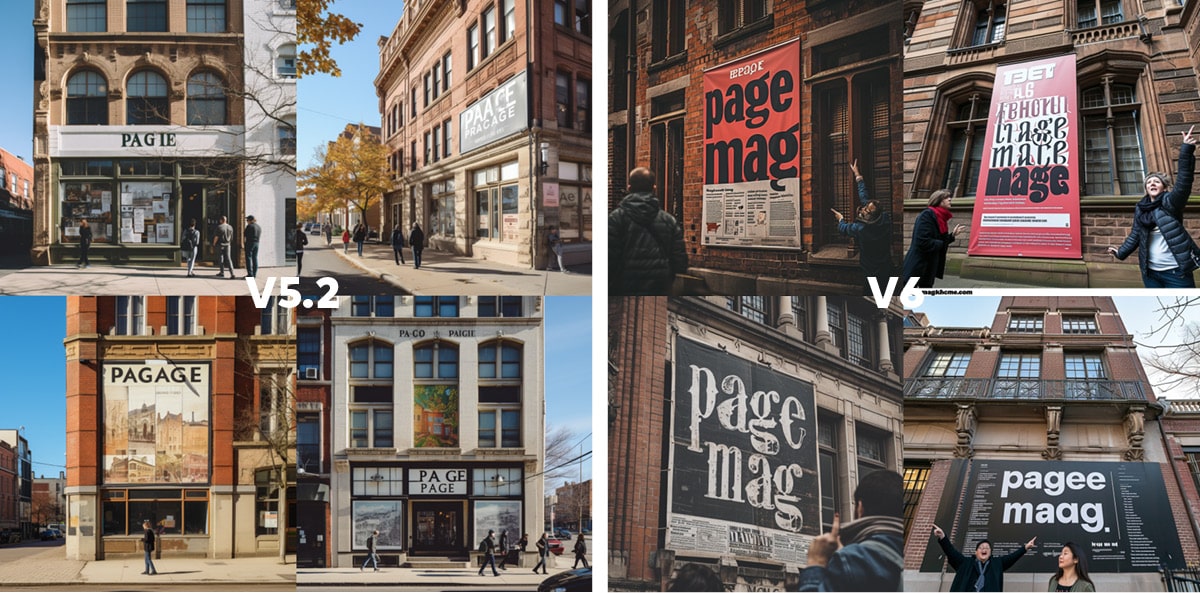 zwei sets aus je vier Bildern von Midjourney KI generiert. Alle Bilder zeigen die Worte page mag auf einem großen poster an einer Hausfassade. links sind die Worte meistens zum zu lesen. rechts dagegen kann man sie gut entziffern